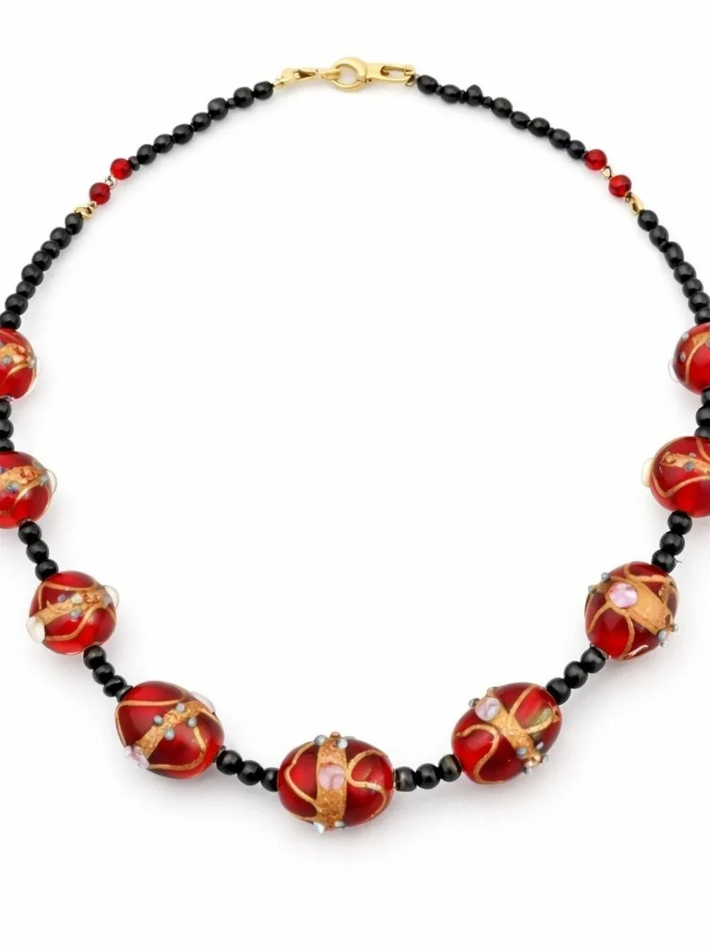 Vintage Hand Painted Murano Glass Beaded Necklace 17” Red & Gold Accent Jewelry